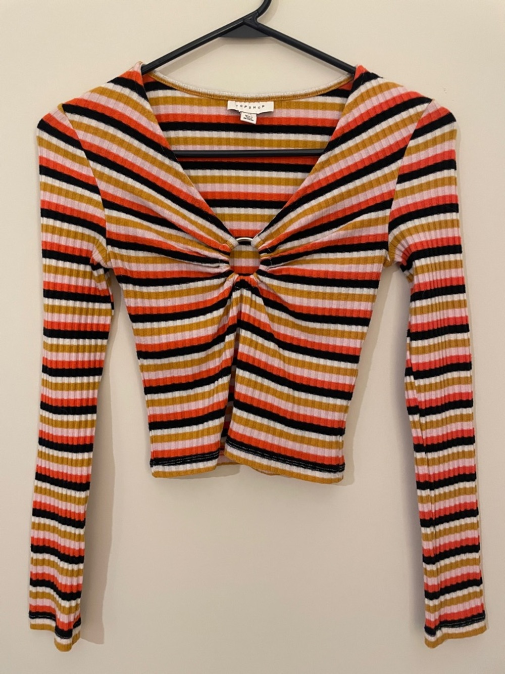 Topshop Striped Ring-Front Ribbed Long-Sleeve Top